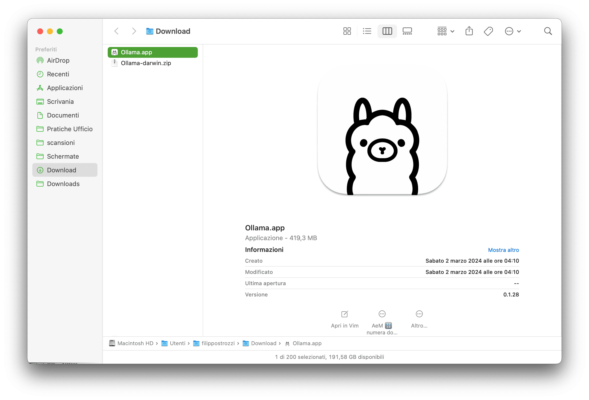 L’applicazione di Ollama come si presenta su macOS