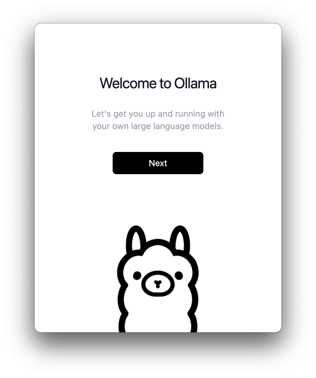 Schermata di prima configurazione e presentazione di Ollama