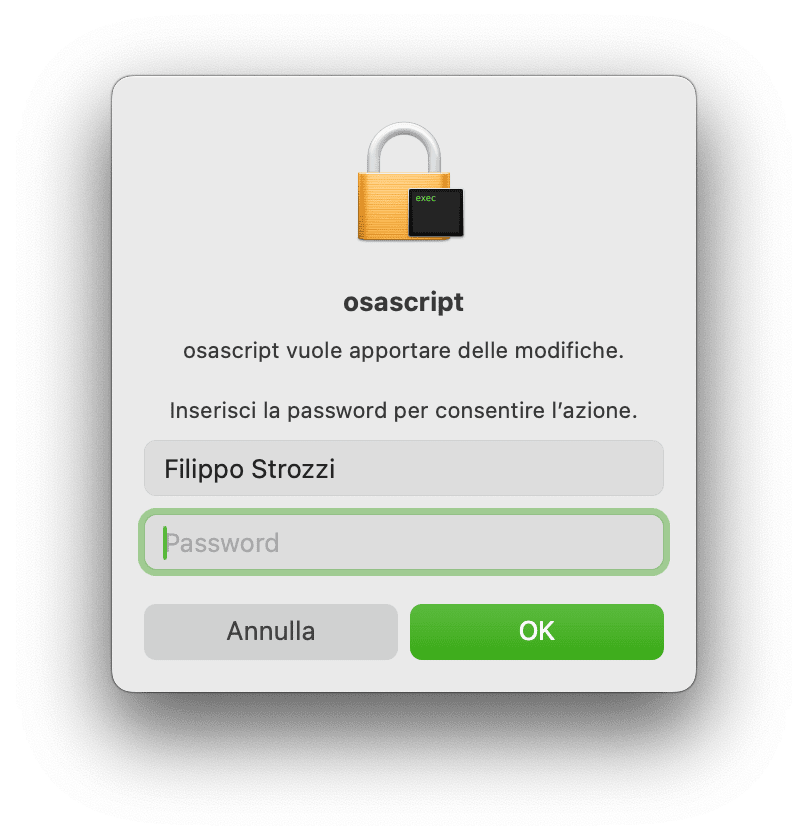 Richiesta credenziali amministratore del Mac