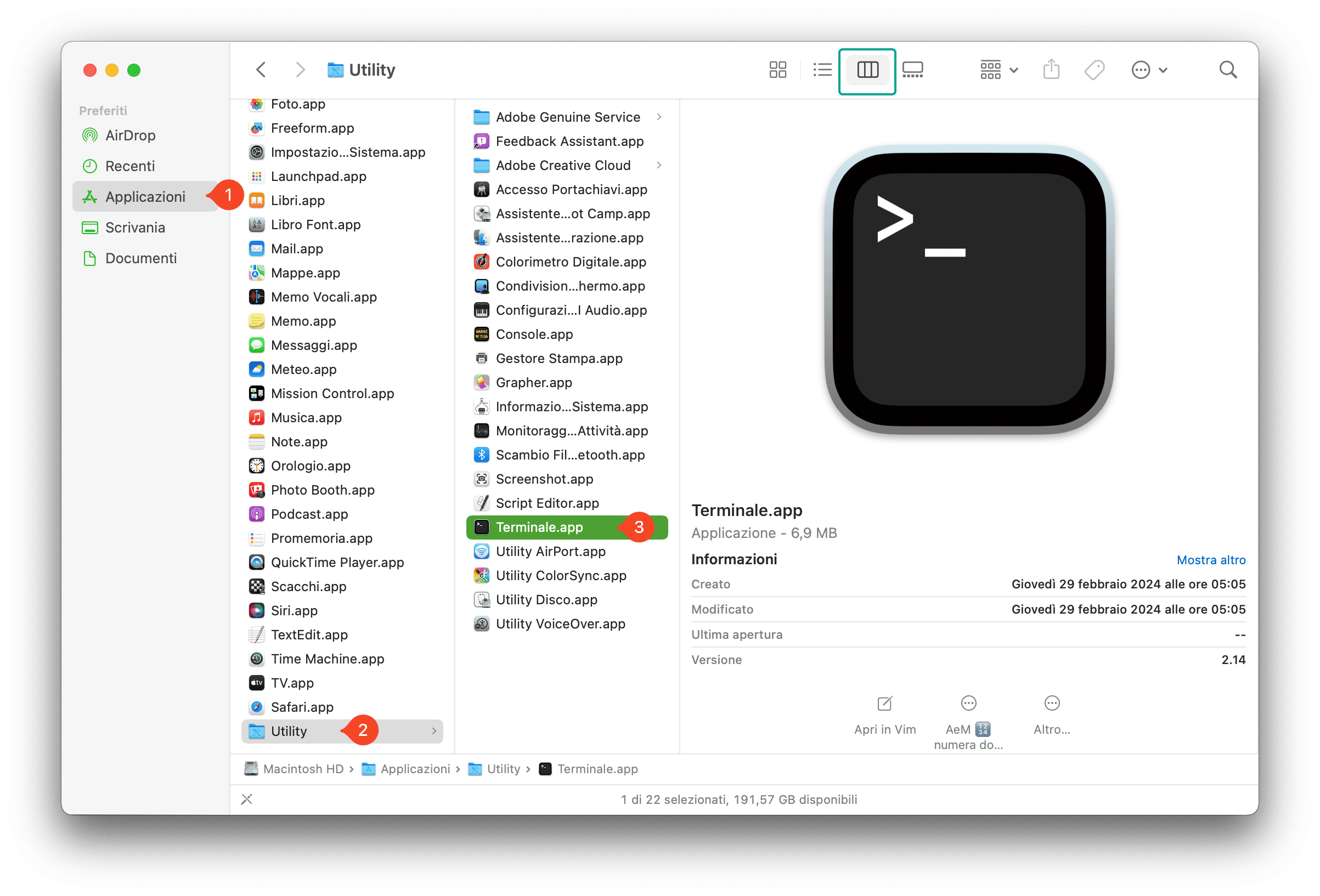 Finder: cartella Applicazioni, sottocartelle Utility