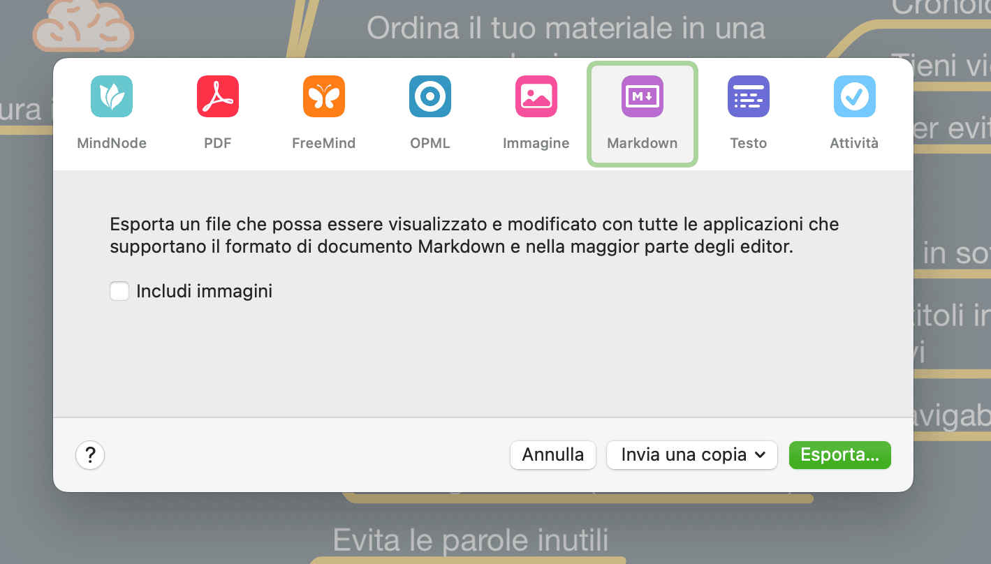 Menù di esportazione di MindNode