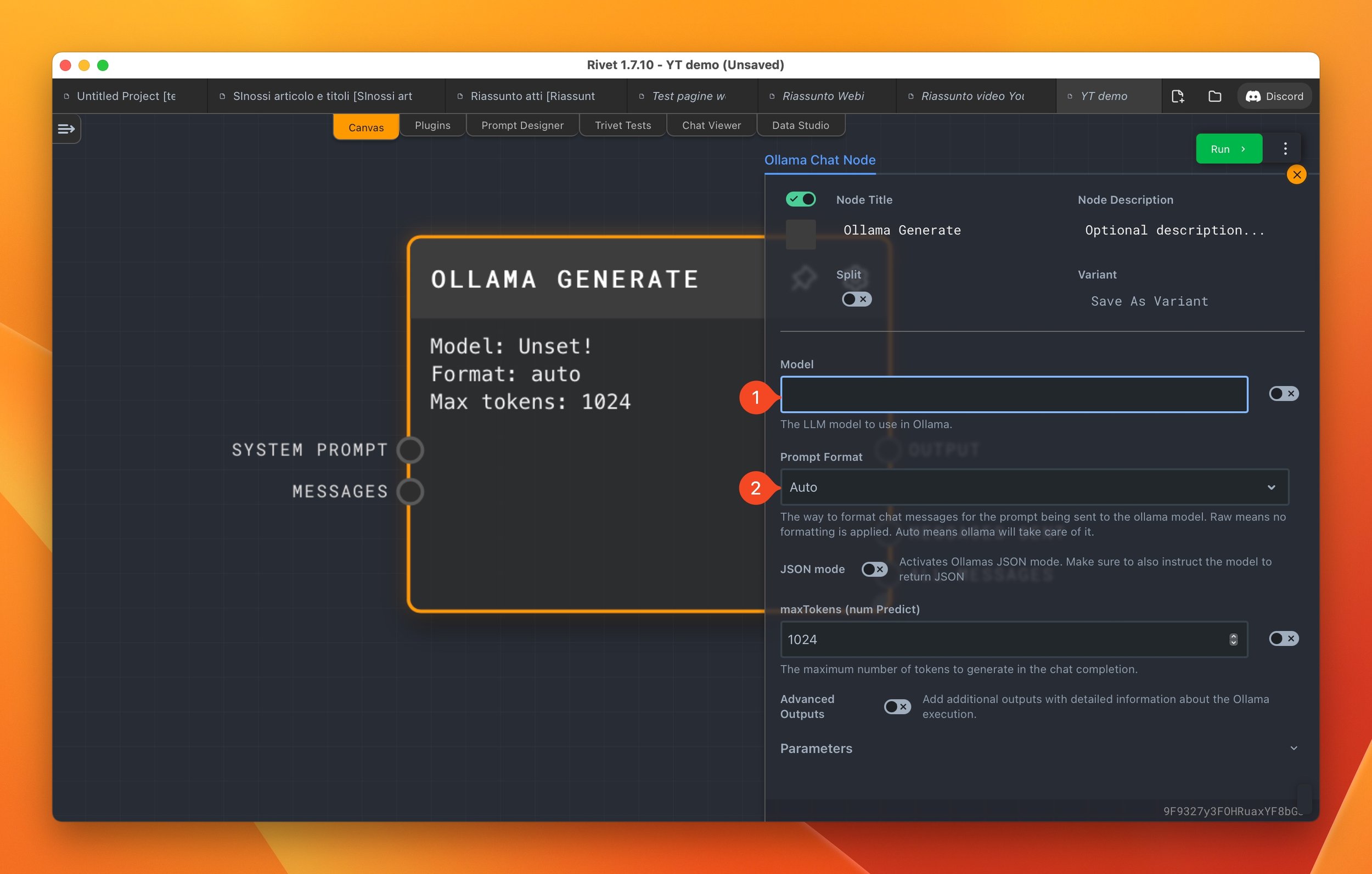 Impostazioni del nodo Ollama Generate