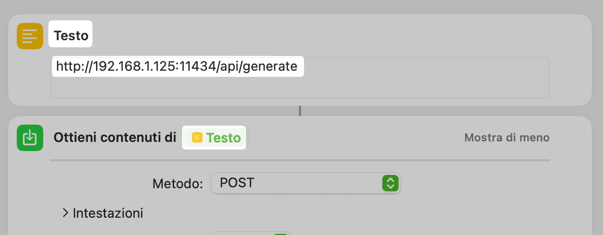 Esempio di inserimento di URL delle API di Ollama