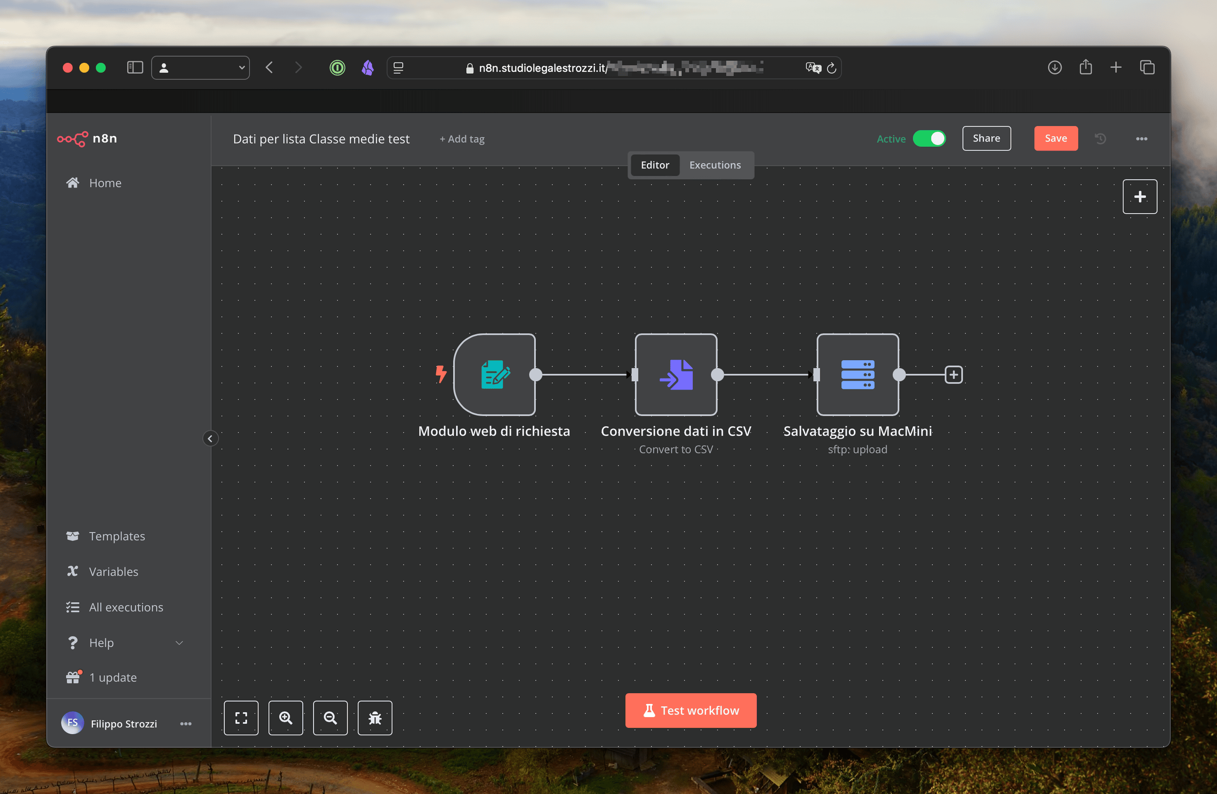 Esempio di workflow di n8n per creare un modulo web e salvare i contenuti sul mio Mac come file CSV