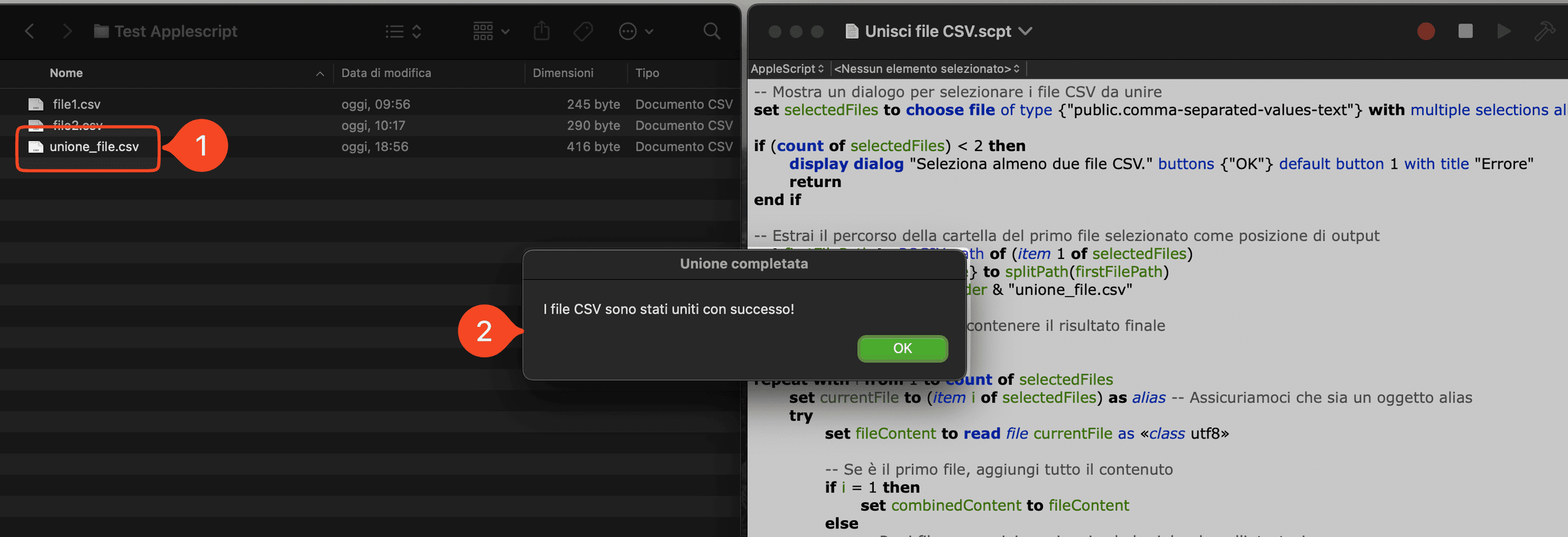 Esecuzione dello script con successo