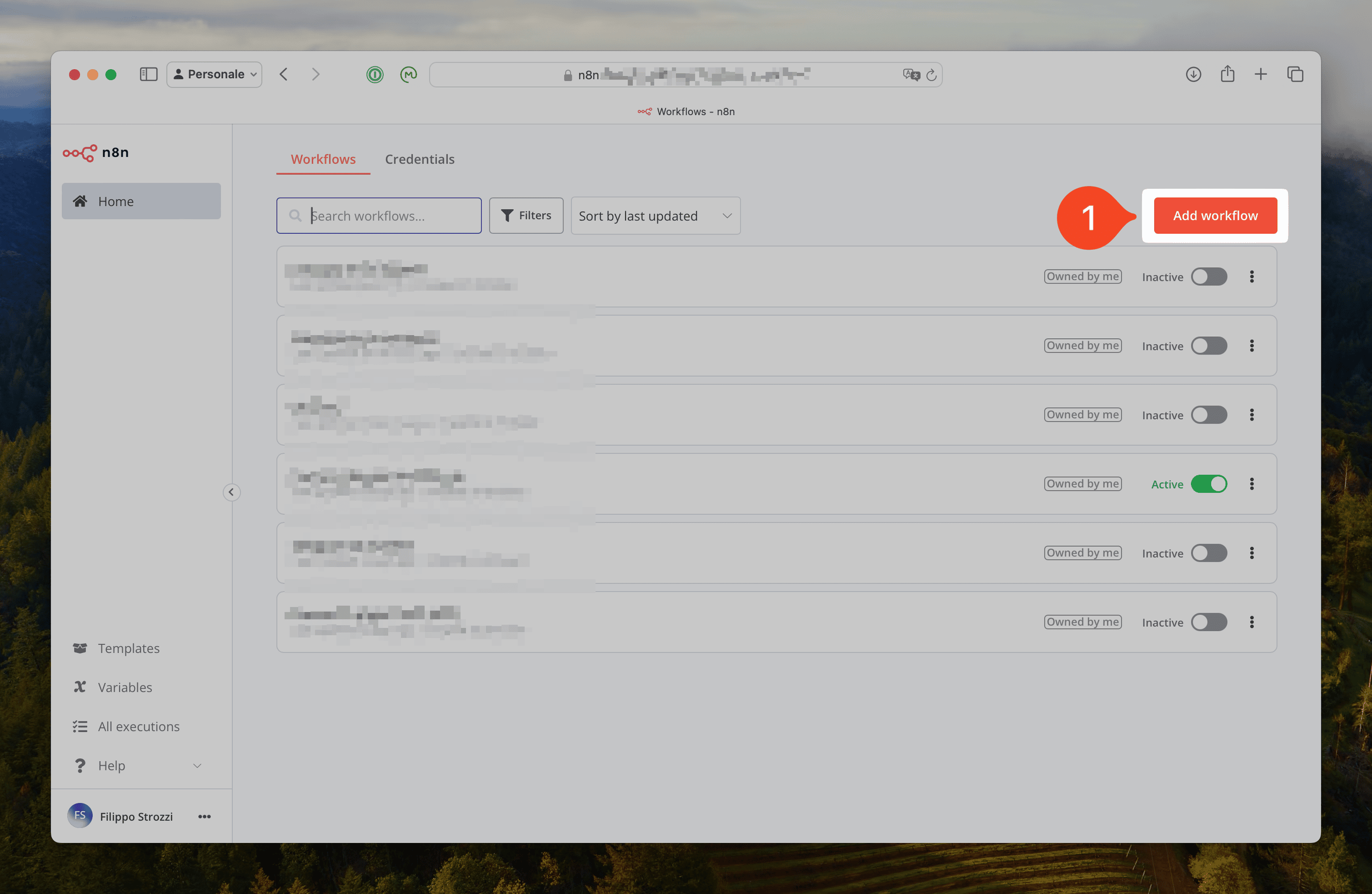 Interfaccia di n8n e pulsante per creare un nuovo workflow