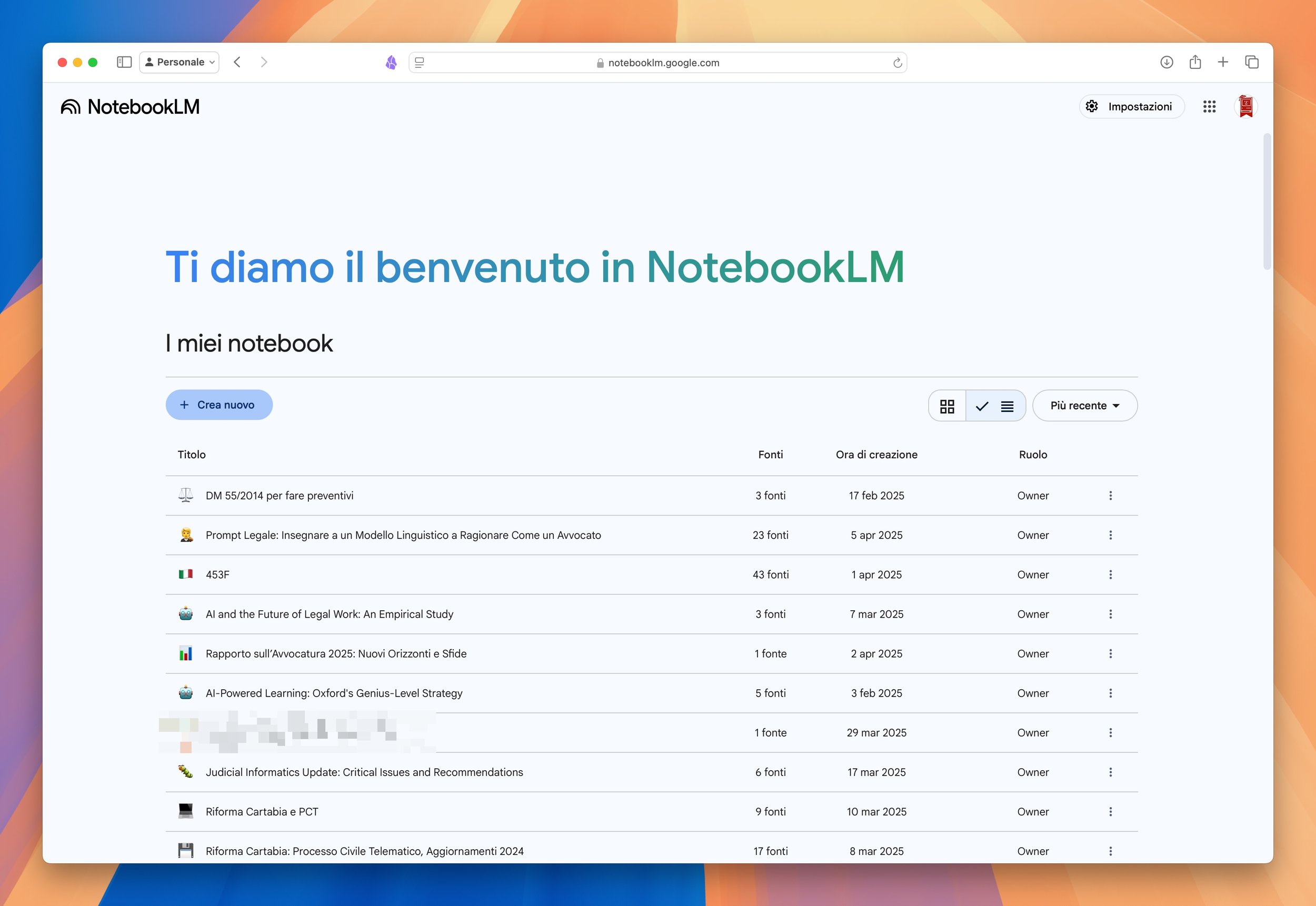Esempio di pagina di accesso a NotebookLM con i vari taccuini