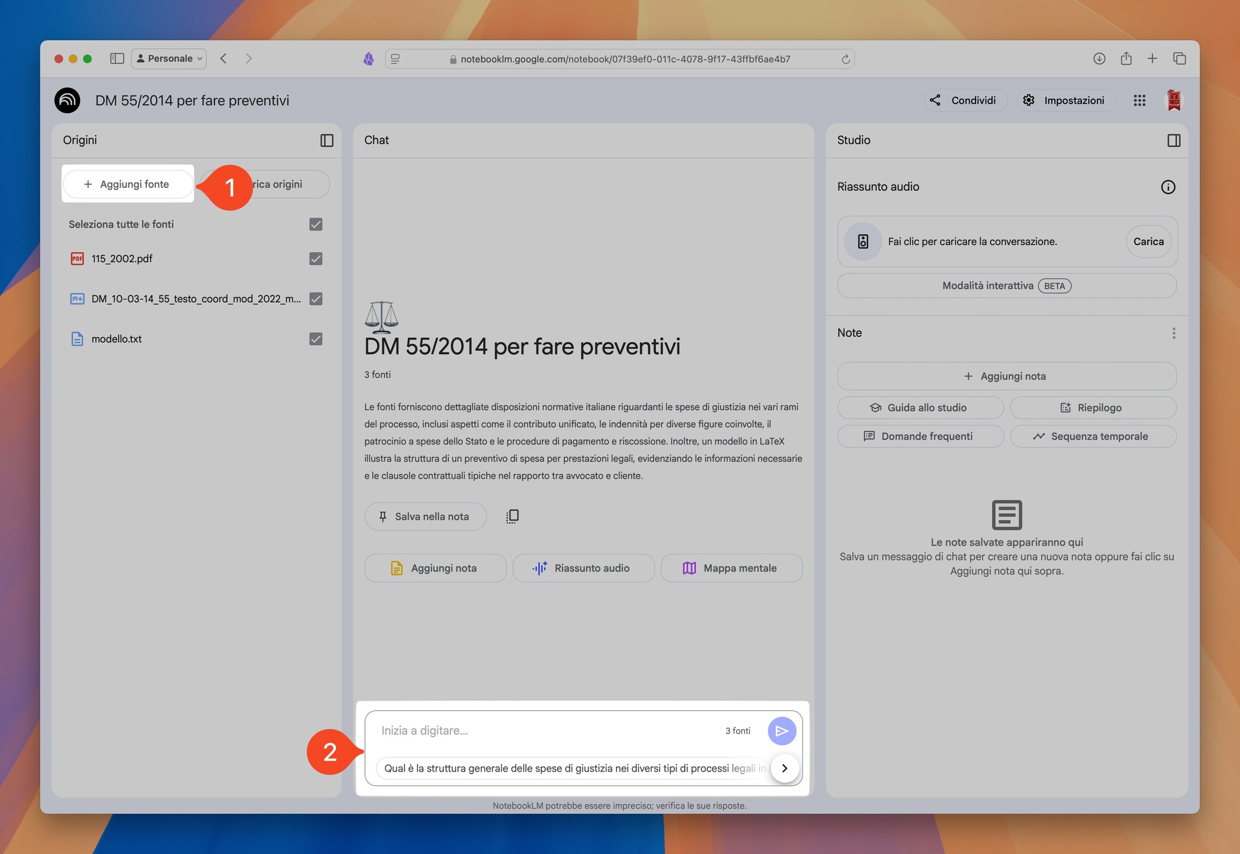 Esempio di caricamento fonte e chat in NotebookLM