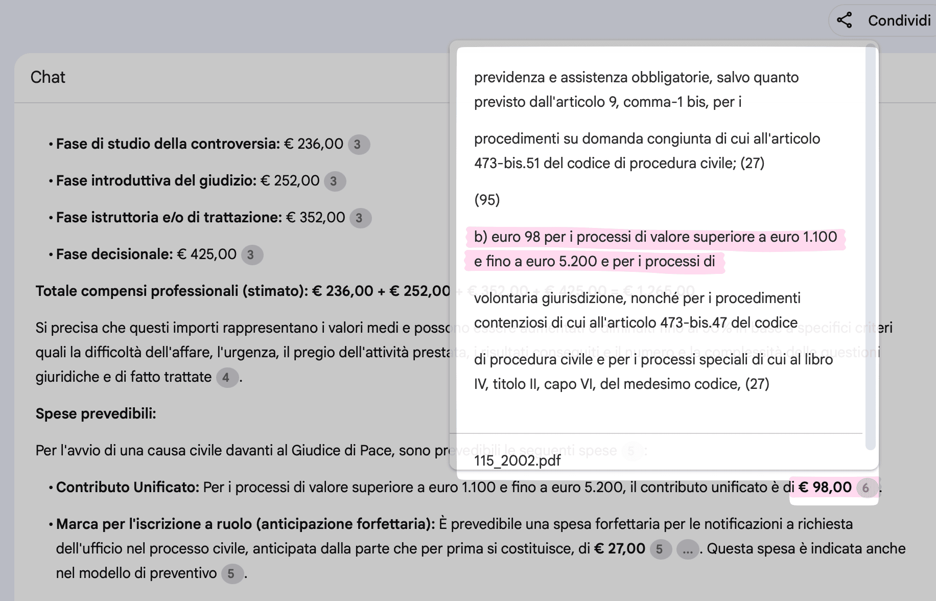 Esempio di inserimento anche delle spese di giustizia del Contributo Unificato