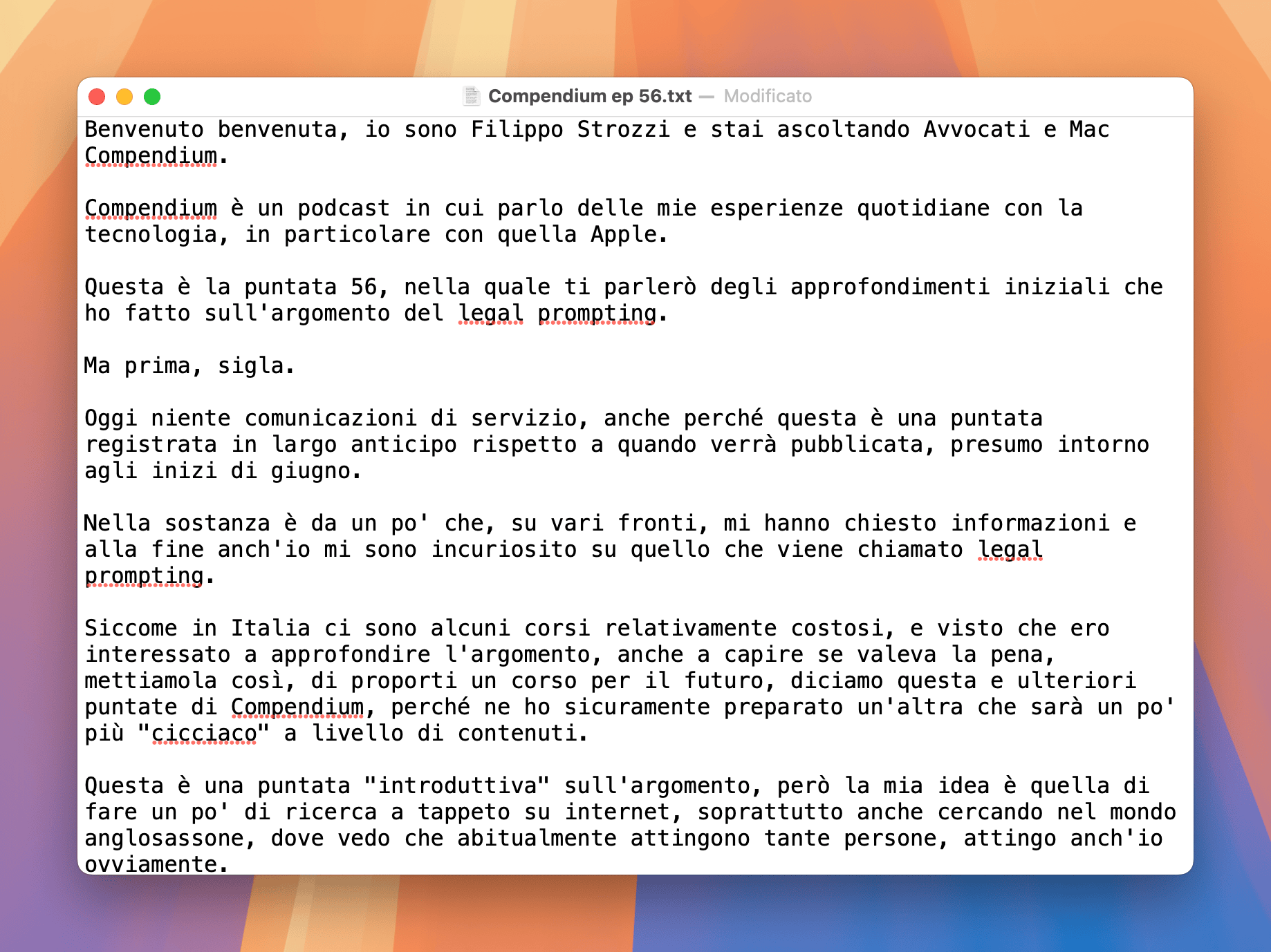 Esempio di testo trascritto dal file MP3 del mio podcast