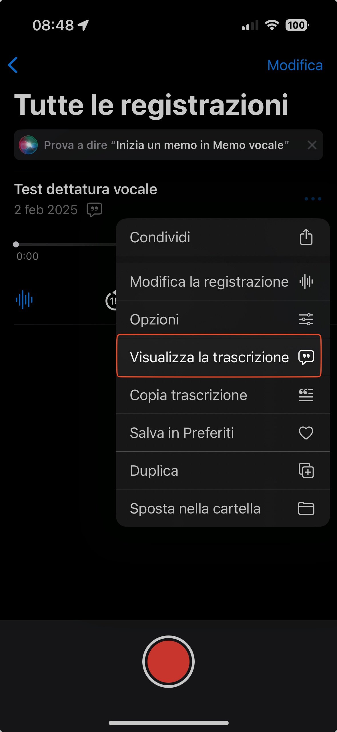 Opzione di trascrizione Memo Vocali sul mio iPhone 16 con Apple Intelligence