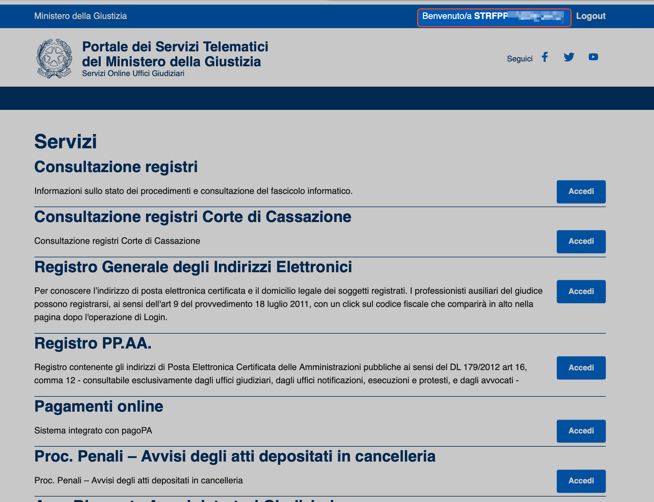 Login completato – vedi il benvenuto con il mio codice fiscale – nel pst.giustizia.it