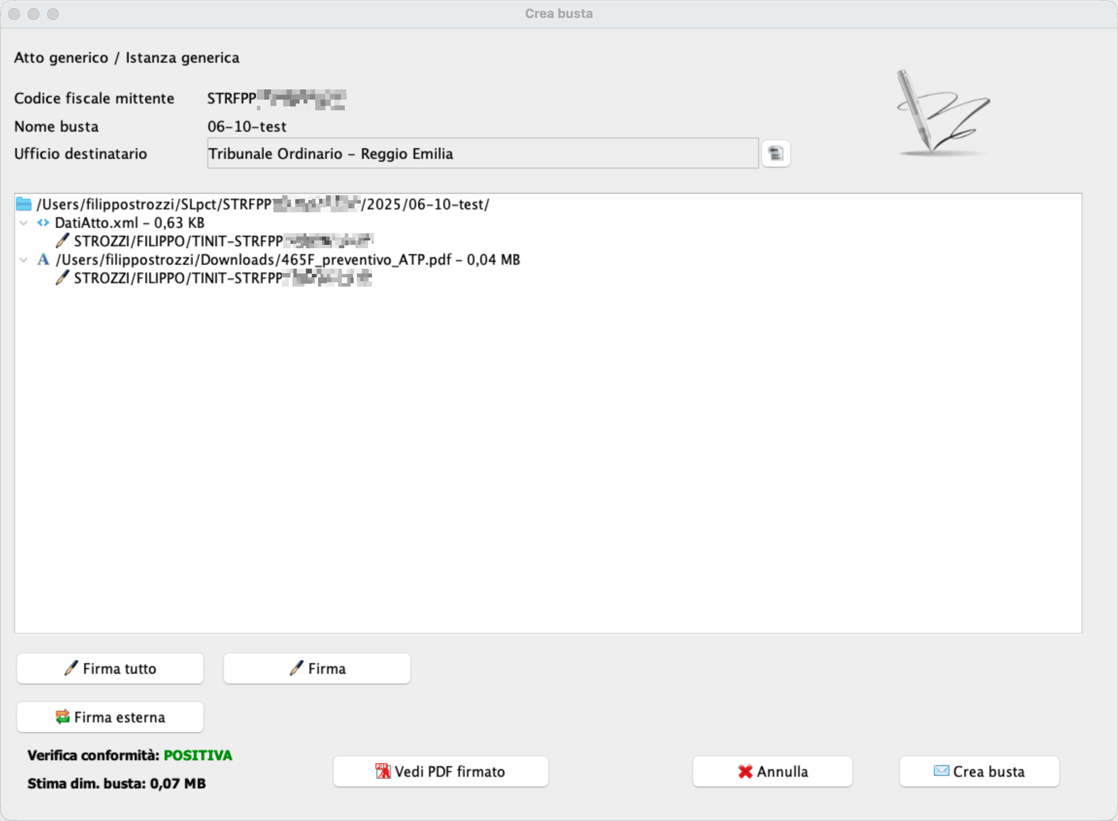 Schermata di SLpct di firma di atto e datiatto.xml