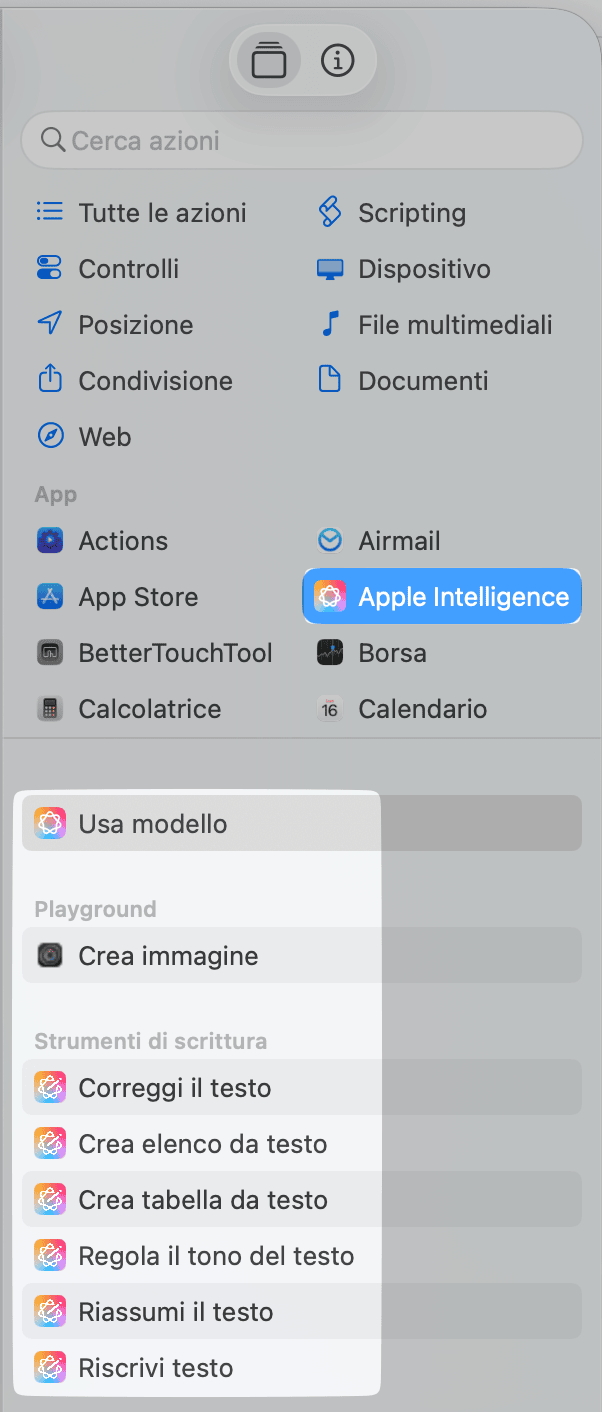 Varie azioni di Apple Intelligence in Comandi Rapidi