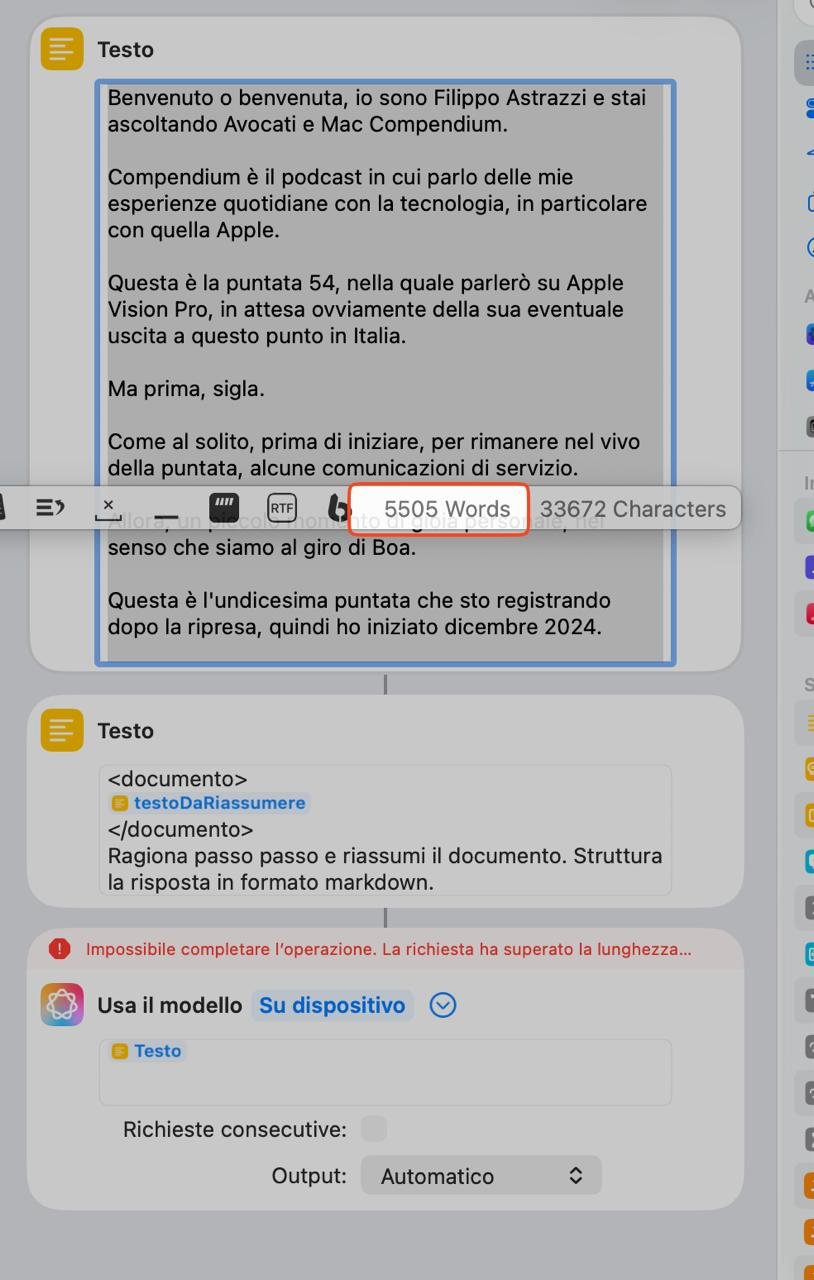 Esempio di errore avuto con un testo di 5505 parole con l’azione Usa modello di Comandi Rapidi
