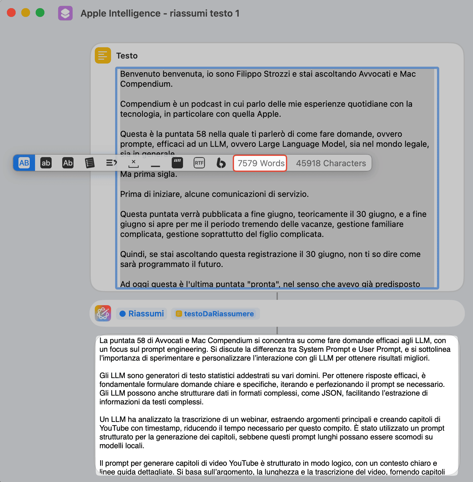 Comandi Rapidi: azione riassumi