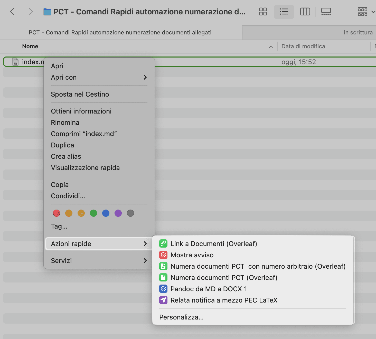 Esempio di come si vede nel Finder un’azione rapida