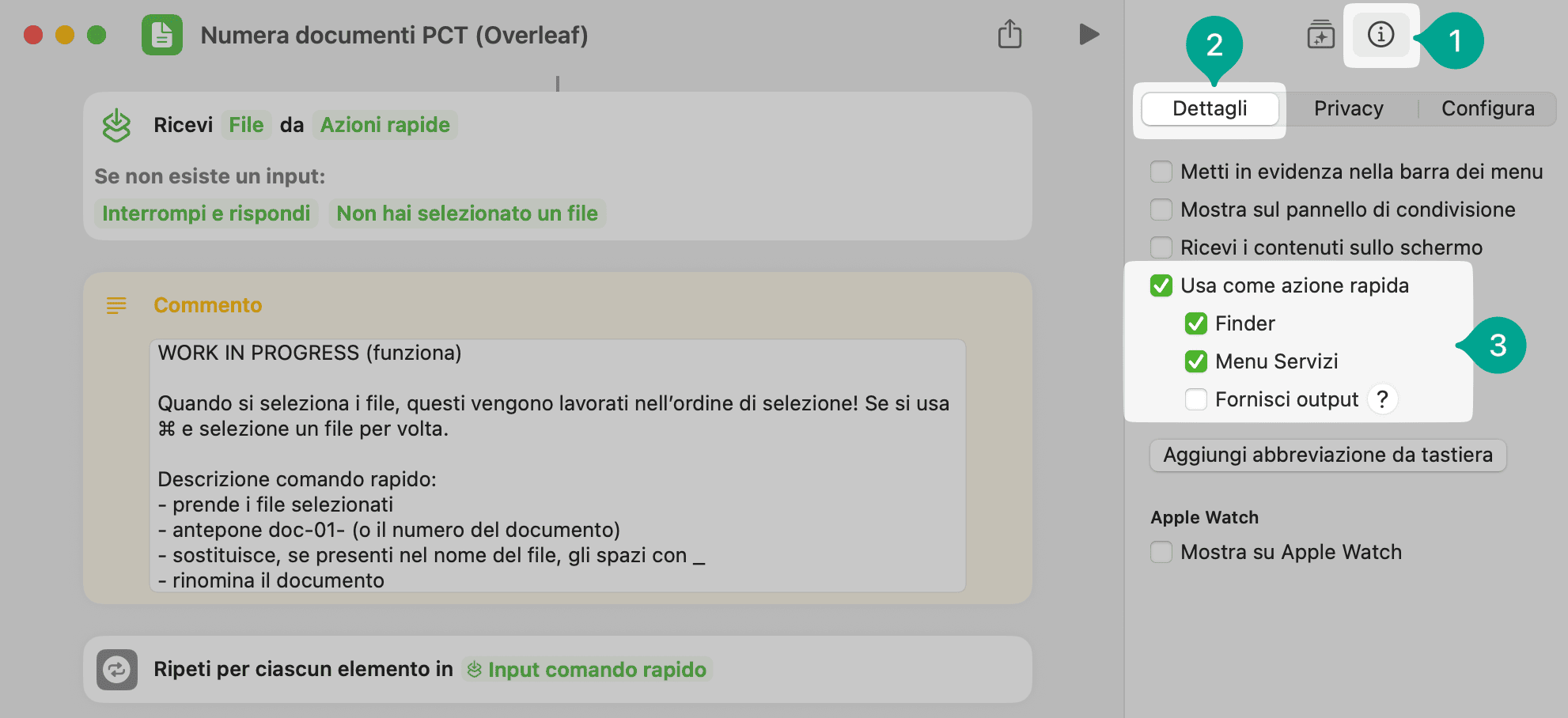 Dettagli del comando in Comandi Rapidi