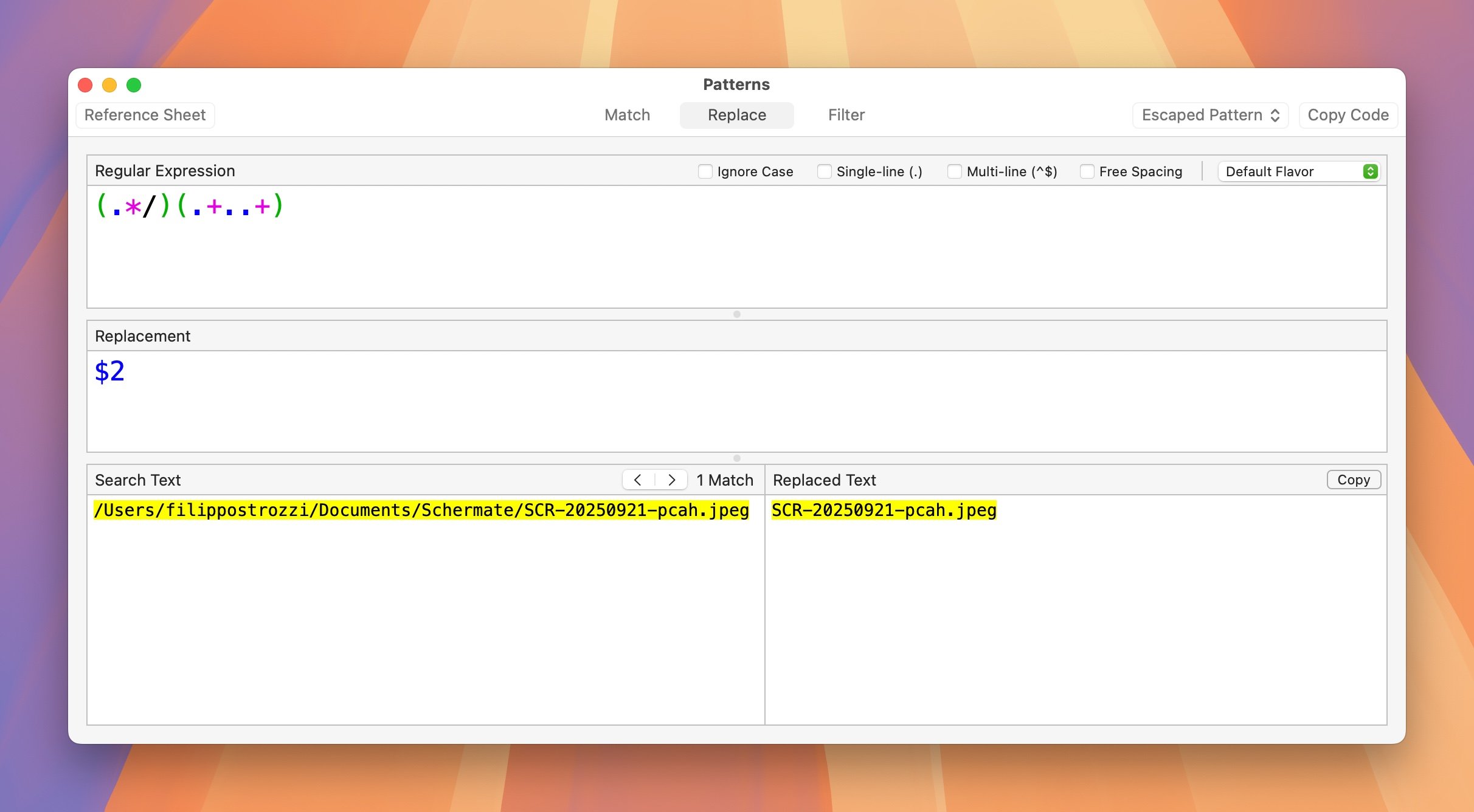 Esempio visuale di cosa fa la regex nell’app Patterns