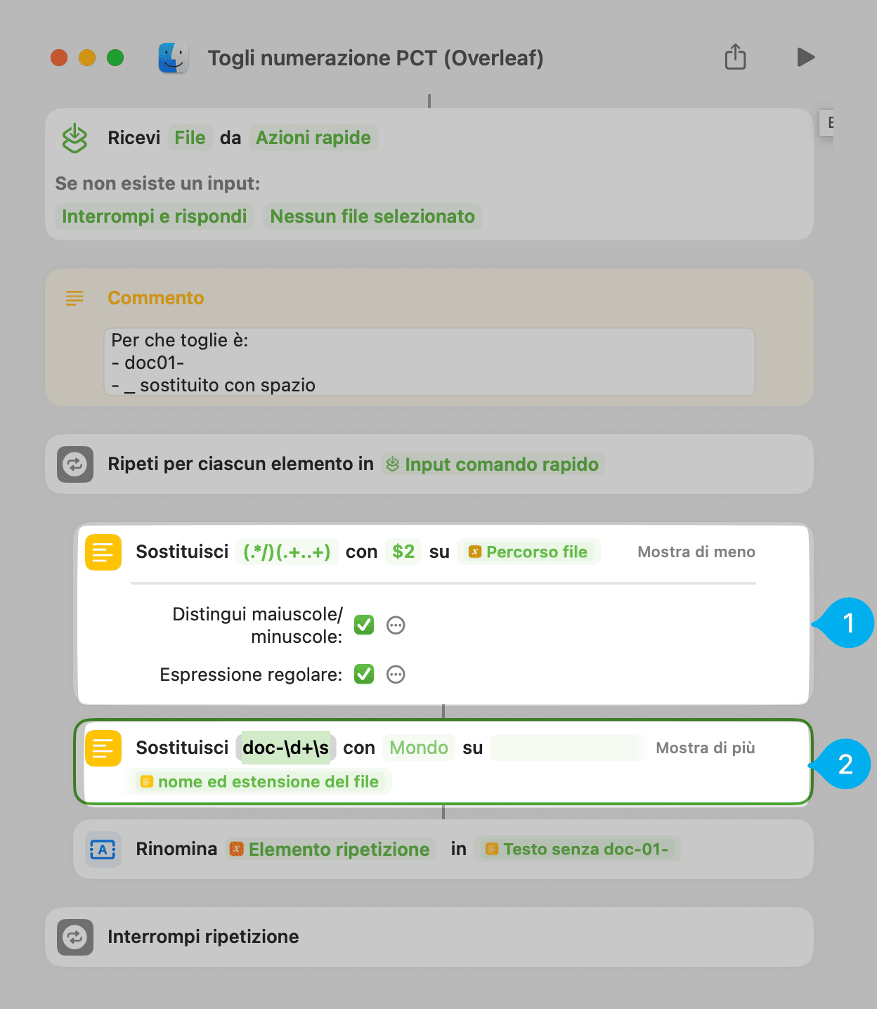 Comando rapido per togliere la numerazione dei documenti