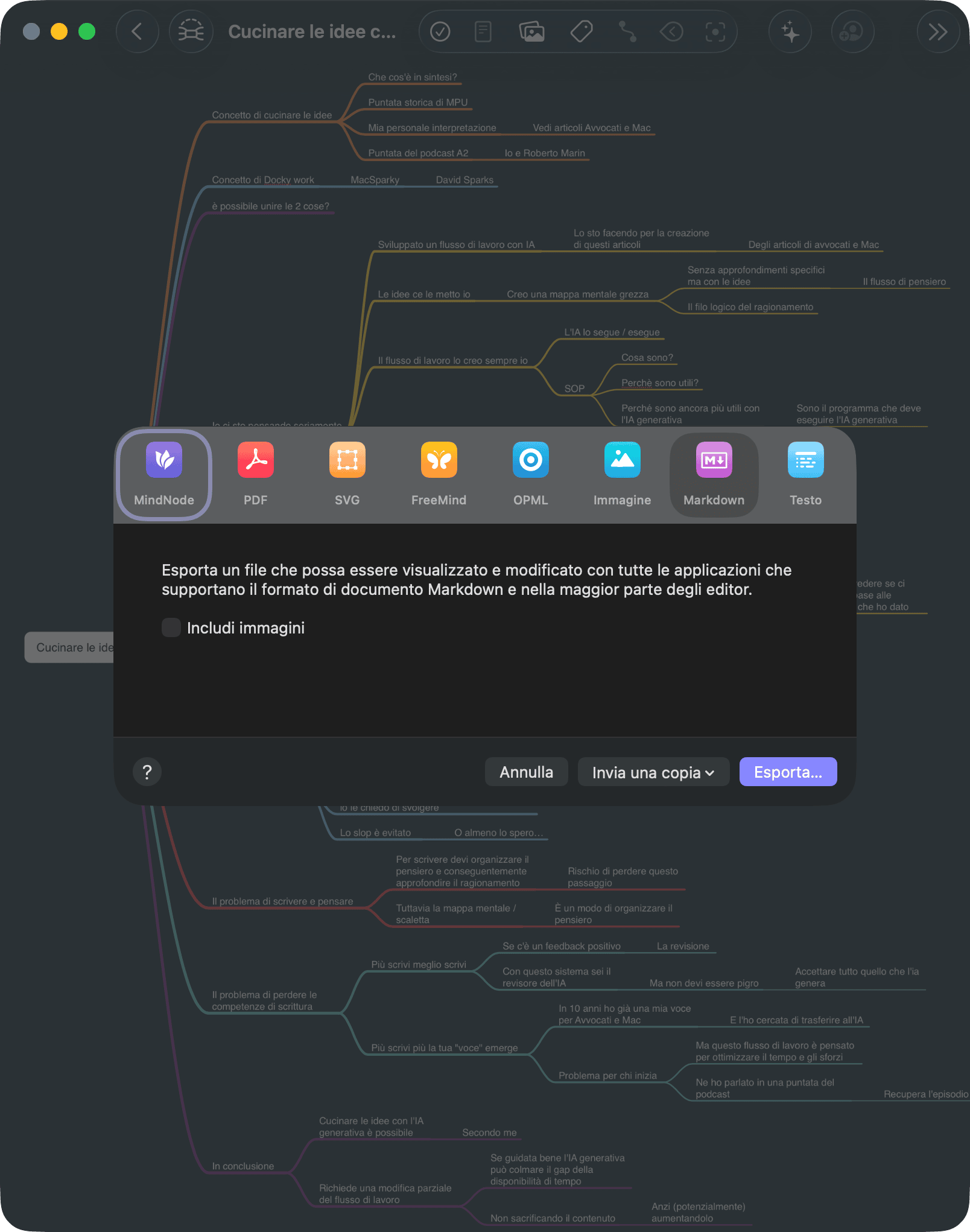 Esempio di conversione della mappa mentale in Markdown dentro MindMap