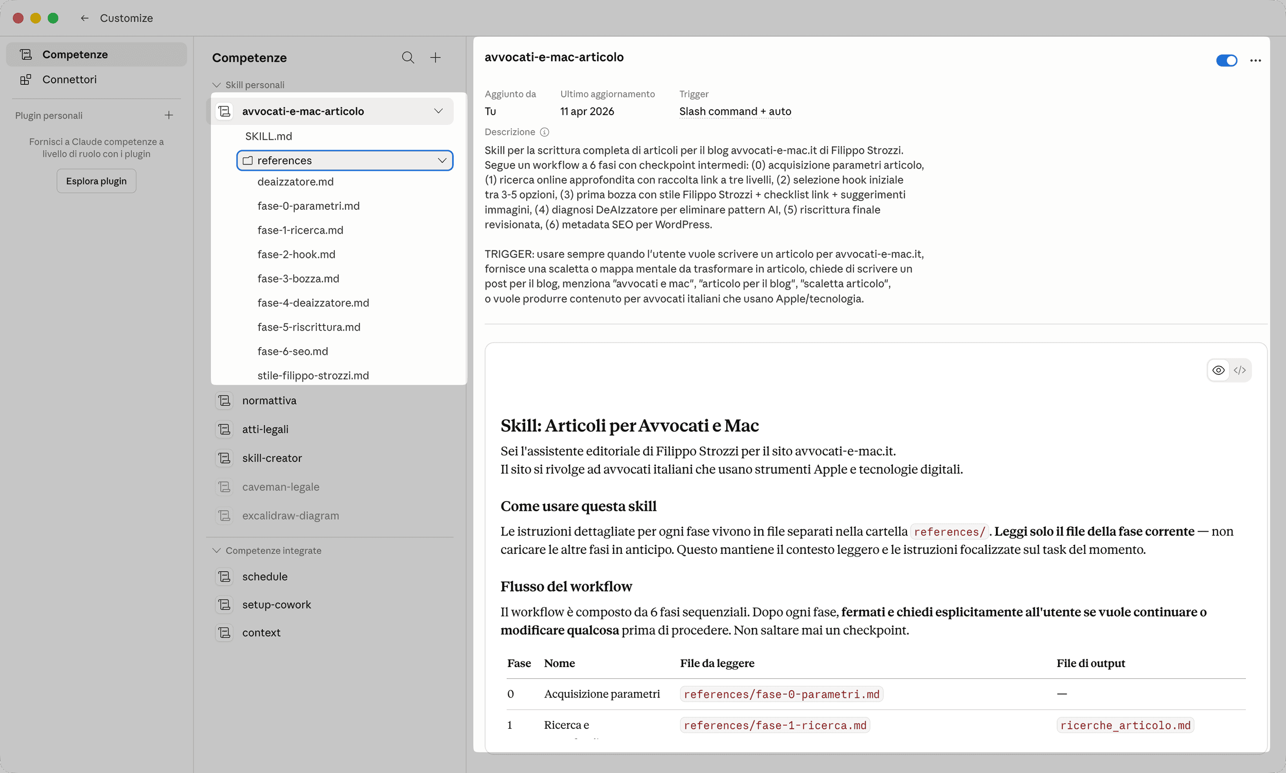 Esempio di skill per scrivere articoli di Avvocati e Mac